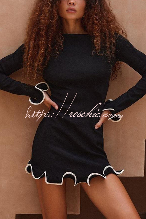 Fashionable Rolled Hem Round Neck Long Sleeve Slim Fit Mini Dress