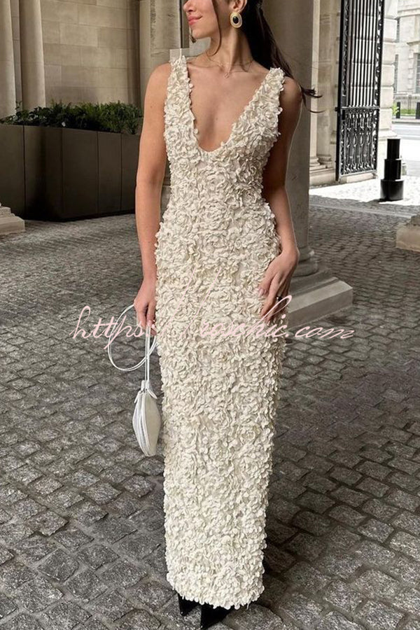 Three-dimensional Flower Sexy V-neck Slim Maxi Dress