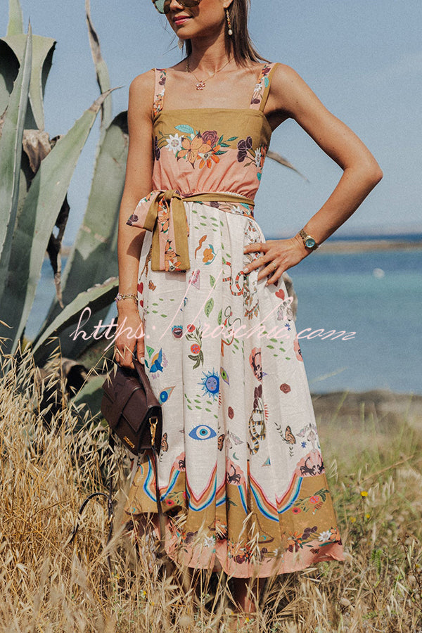 Summer Vibes Linen Blend Unique Print Smocked Belt Midi Dress