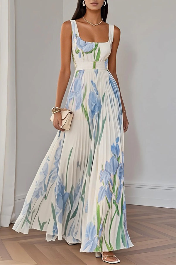 Floral Print Square Neck Suspender Pleated Maxi Dress