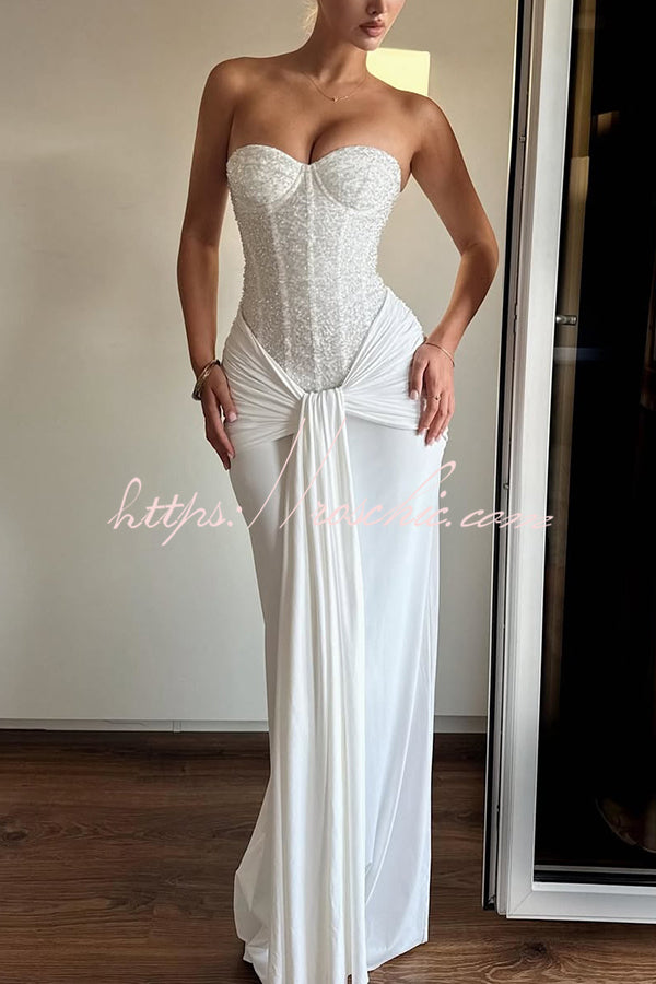 Carina Sequined and Satin Jersey Off Shoulder Ruched Knot Drape Maxi Dress