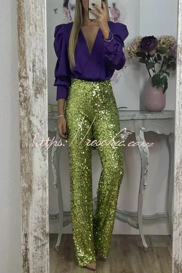 Glitzy Glamour Sequin High Rise Elastic Waist Wide Leg Pants