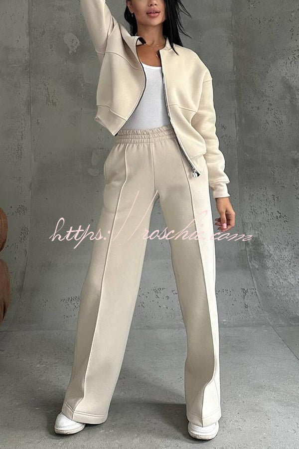 Solid Color Casual Long Sleeve Zipper Jacket and Elastic Waist Pocket Wide Leg Pants Set