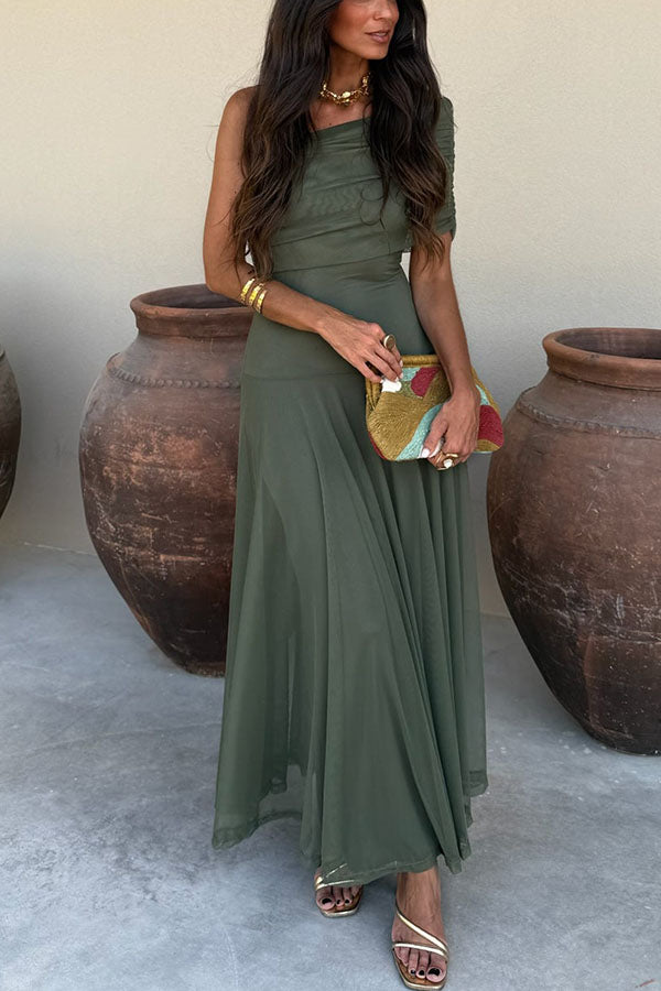 in my arms ruched mesh maxi dress In My Arms Mesh Ruched Strapless Paneled Drape Flare Maxi Dress, Green / 2XL