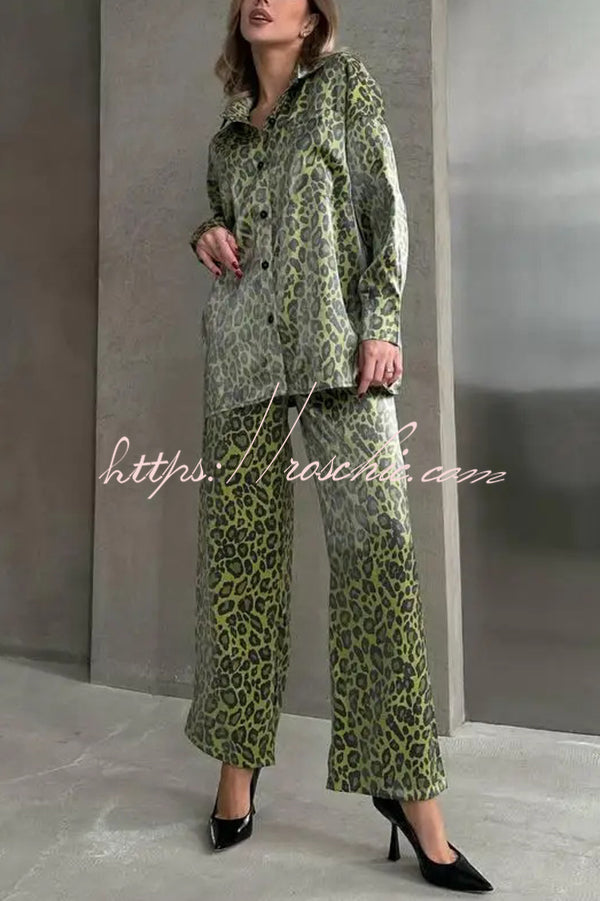 Leopard Print Long-sleeved Casual Top and Loose Elastic Waist Tie Pants Set