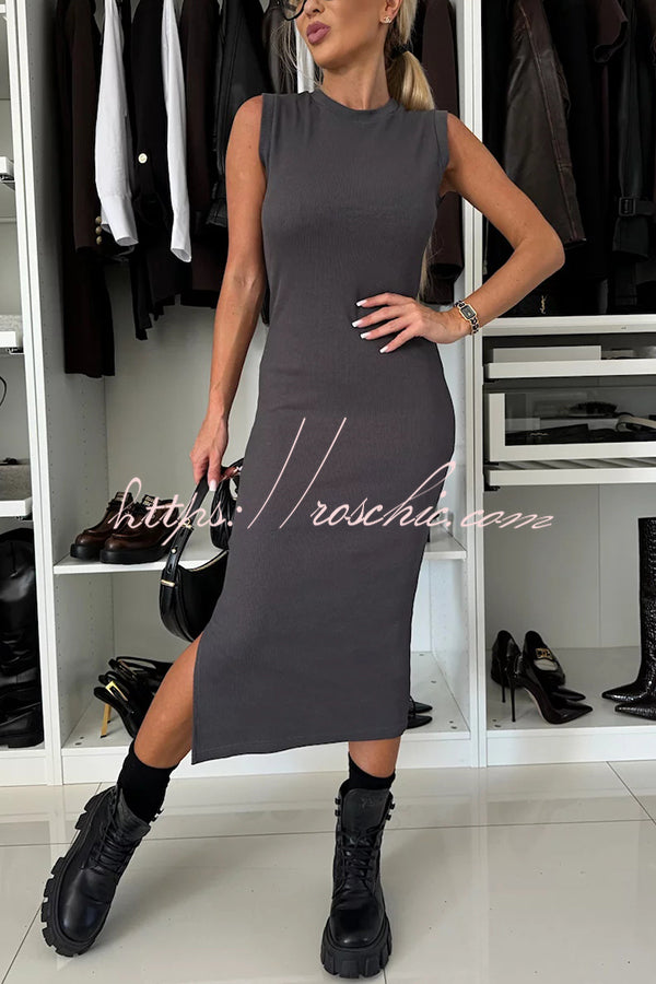 Lifestyle Wide Neck Relaxed Sweatshirt and Ribbed Tank Stretch Midi Dress Set