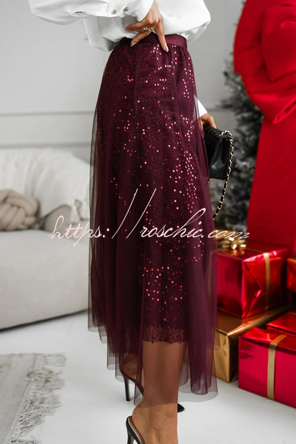 Party Daydream Sequin Tulle High Rise Elastic Waist Maxi Skirt