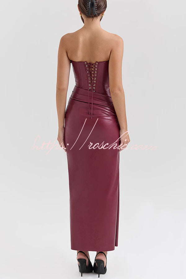 Charm Redefined Faux Leather Off Shoulder Back Lace-up Stretch Maxi Dress