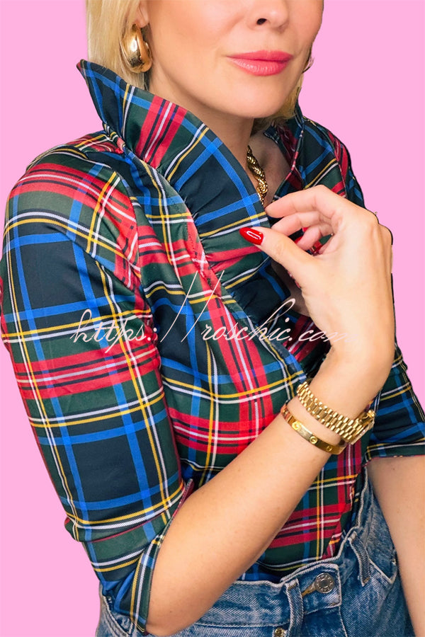 Duke of York Holiday Plaid Ruffle Stand Neck Half Sleeve Blouse