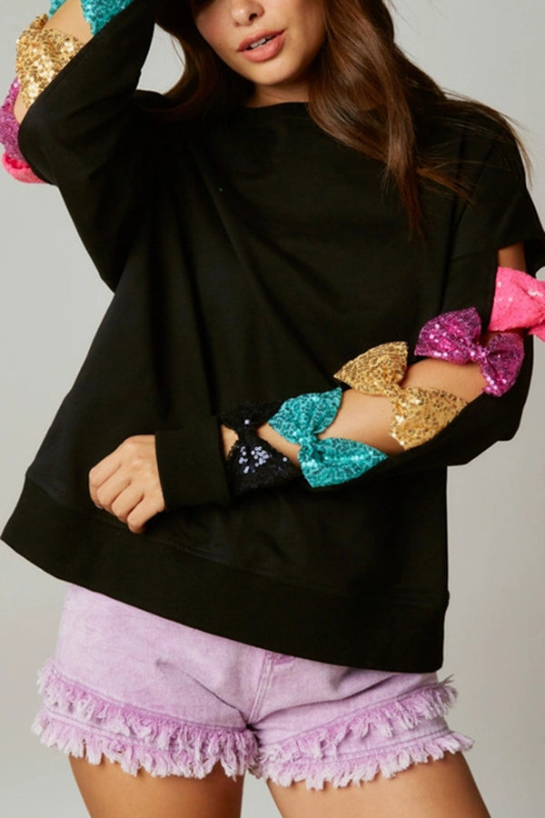 Christmas Colorful Bow Sequined Long-sleeved Sweatshirt