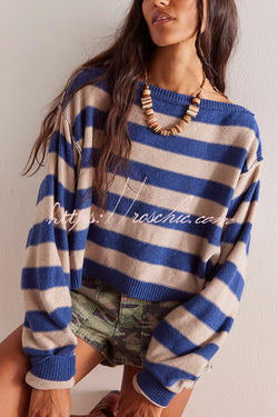 Striped Print Crew Neck Long Sleeve Loose Knitted Sweater