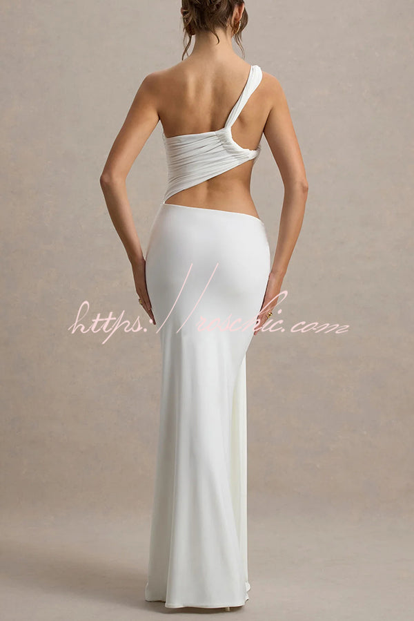 Sexy One-shoulder Backless Ribbon Pleated Slim Maxi Dress