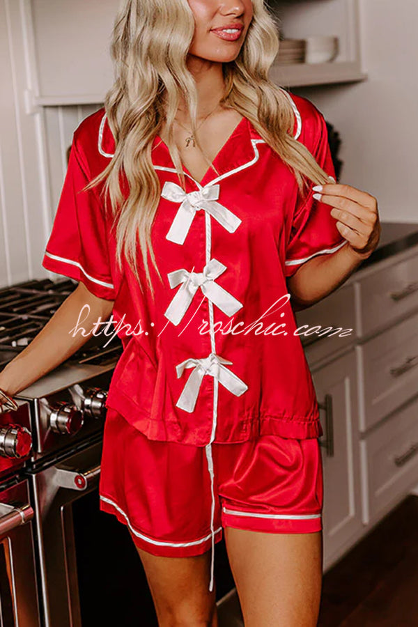 Sweet Dreams Satin Bow Detail Elastic Waist Pajama Shorts Set