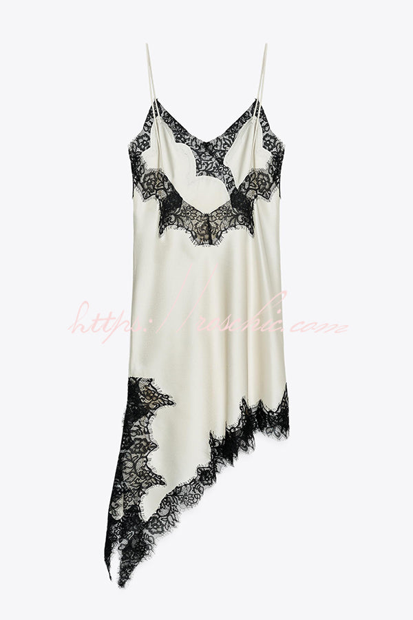 Satin Lace Trim V-neck Asymmetrical Hem Slip Mini Dress