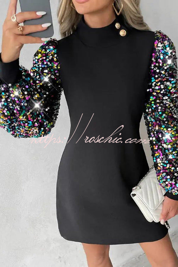 Color Block Turtleneck Balloon Sleeves Sequined Button Mini Dress