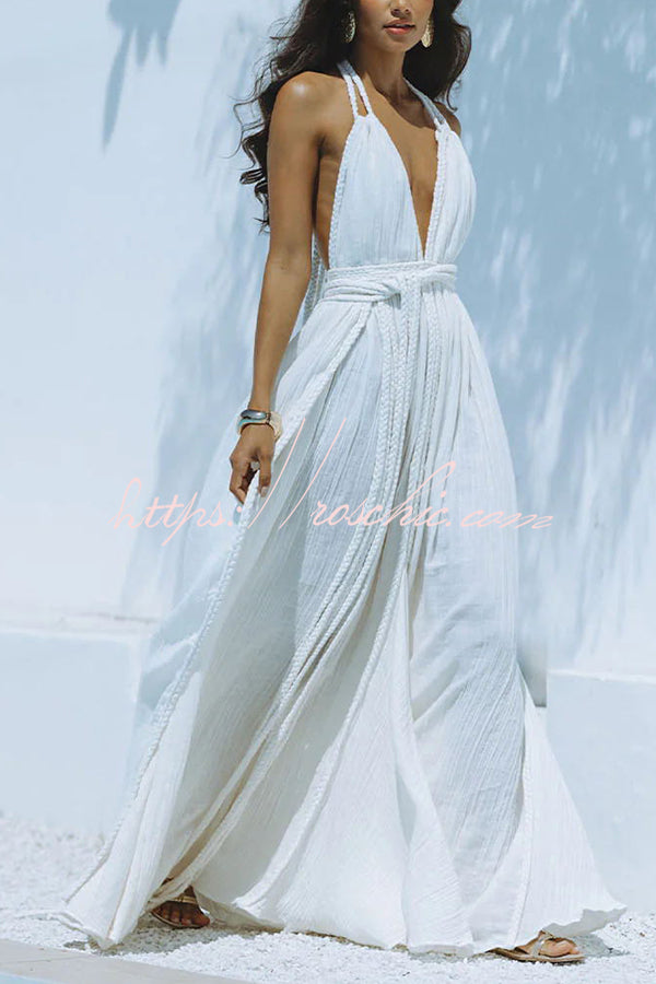 Summer Whispers Linen Blend Draped Braids Deep V-neck Halter Backless Cover Up Maxi Dress