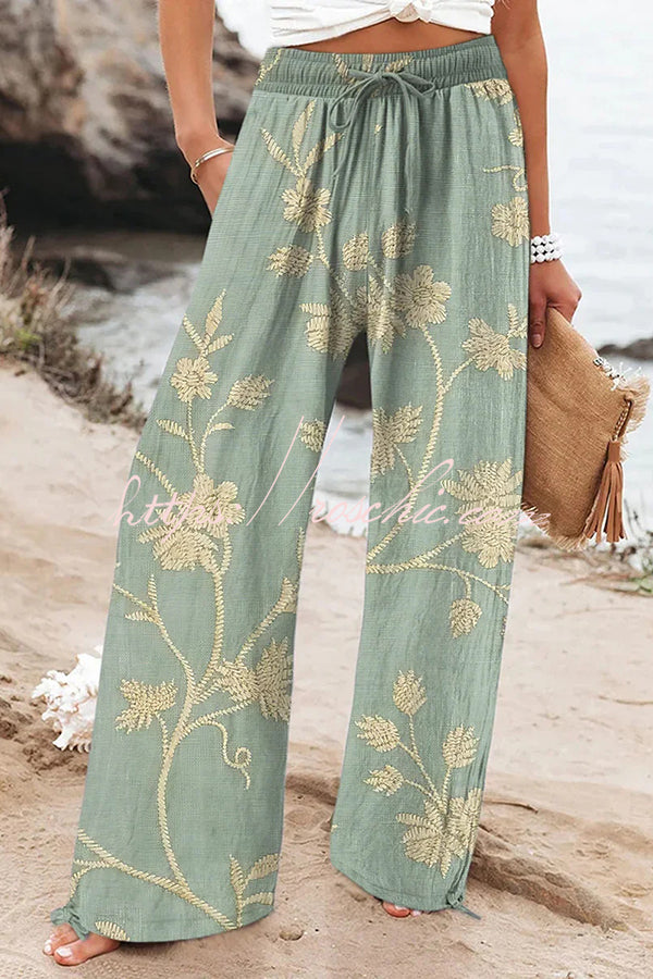 Colorful Printed Elastic Waist Drawstring Pocket Casual Pants