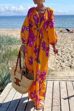 Gramercy Garden Floral Print Pocket Belted Long Sleeve Maxi Dress