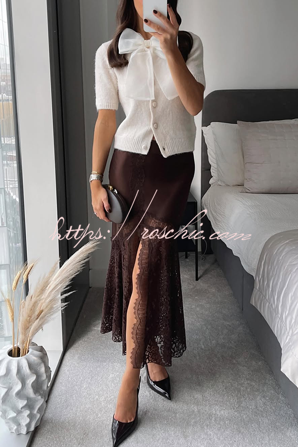 Cozy Sweet Darling Satin Lace Patchwork Mid Rise Slit Maxi Skirt