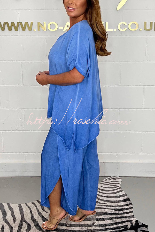 Greyson Flowy Loose Blouse and Elastic Waist Slit Pants Set