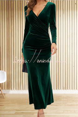 Solid Color Velvet Long Sleeve V-neck Slim Fit Fishtail Maxi Dress