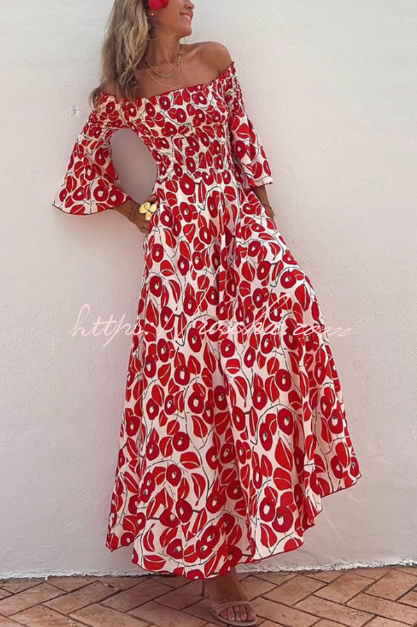 Close To The Vacation Floral Print Smocked Off Shoulder Pocketed Maxi Dress