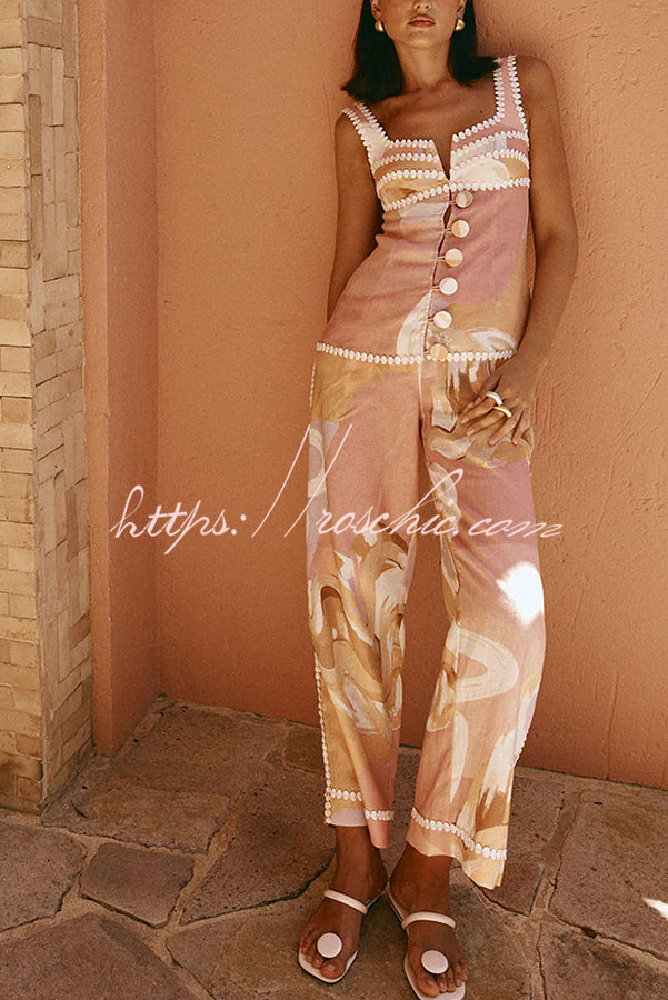 European Summer Linen Blend Ric Rac Trims High Rise Pocket Loose Pants
