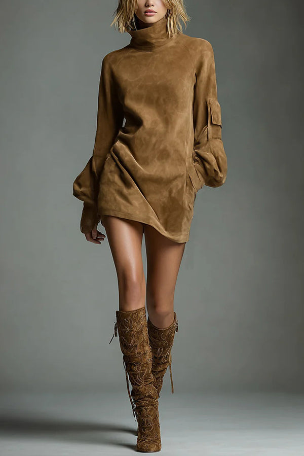 Stylish High-Neck Long-Sleeved Casual Pocket Mini Dress roschic Stylish High-Neck Long-Sleeved Casual Pocket Mini Dress roschic