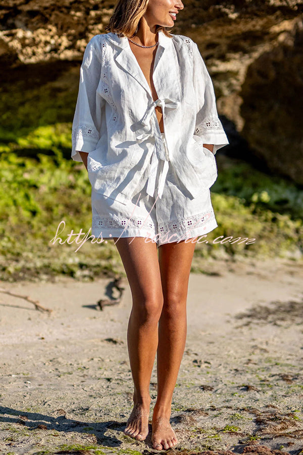 Celebrate Vacation Linen Blend Lace Splicing Tie-up Shirt and Elastic Waist Pocketed Shorts Set