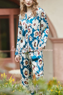 Blue and White Flower Print Home Long-sleeved Two-piece Set