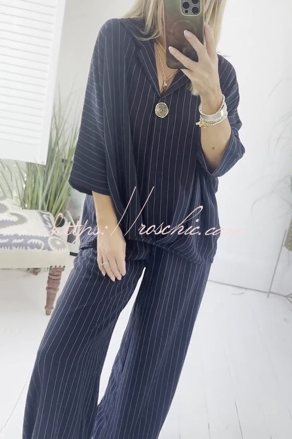 Fashion Striped Print Lapel Loose Top and Elastic Waist Casual Wide-leg Pants Set