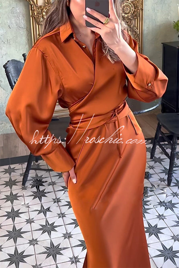 Cocktail Hour Satin Cross Tie-up Metal Button Blouse and Elastic Waist Maxi Skirt Set