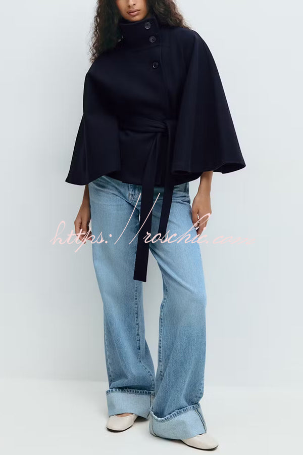 Fashionable Stand Collar Button Waist Tie Loose Cape