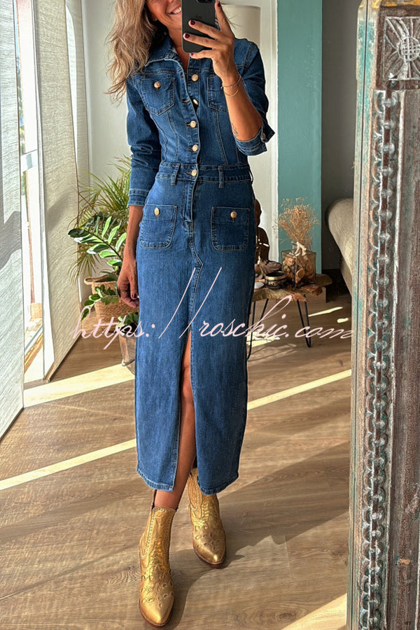 Tessy Denim Metal Button Zipper Shirt Stretch Pencil Slit Midi Dress