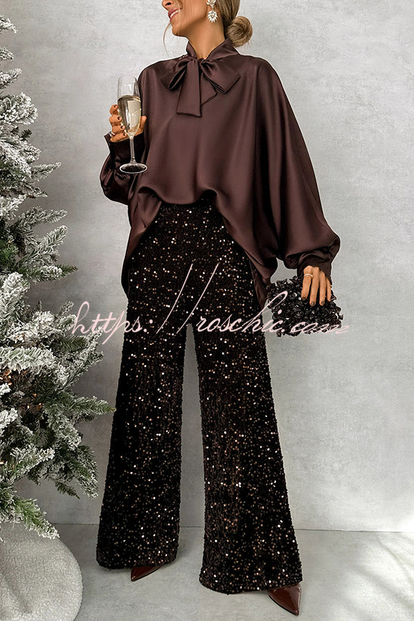 Chic and Merry Satin Bow Neck Batwing Sleeve Loose-fitting Blouse