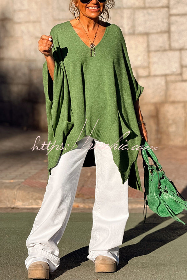 Fashion V-neck Loose Pocket Mid-length Knitted Sweater