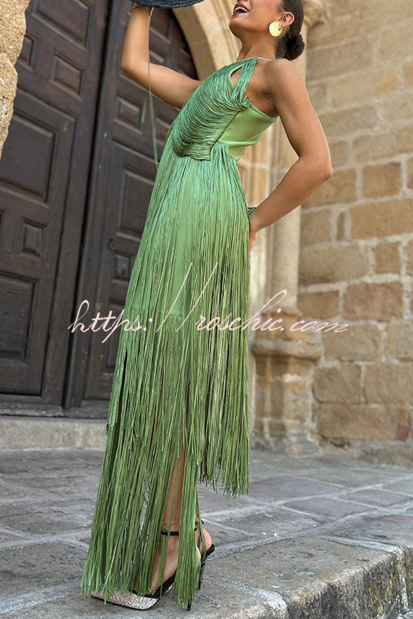 Fashion Sleeveless Halter Neck Elegant Tassel Slim Maxi Dress