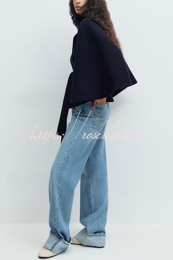 Fashionable Stand Collar Button Waist Tie Loose Cape