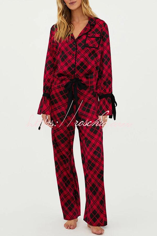 Holiday Movie Party Plaid Ribbon Detail Elastic Waist Pocketed Pajama Set