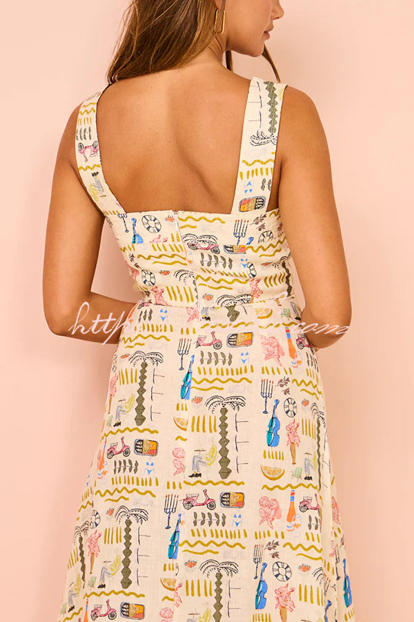 Country Cutie Unique Print Square Neck Wide Strap Maxi Dress