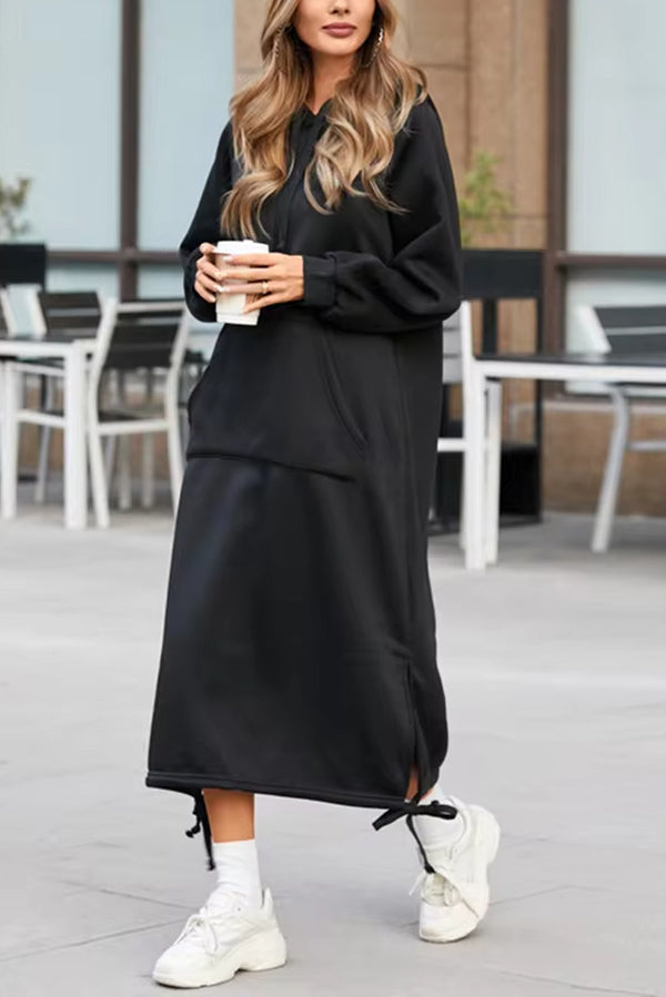 Solid Color Casual Hooded Lace-up Pocket Sweatshirt Style Midi Dress