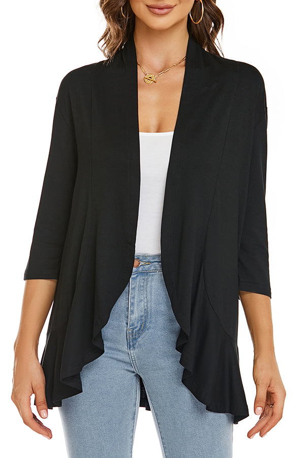 Solid Color Casual Three-quarter Sleeve Ruffled Loose Cardigan