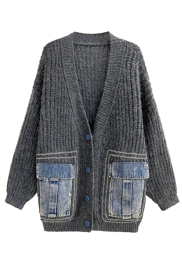 Fashionable Loose Spliced denim Pocket Knitted Sweater Cardigan