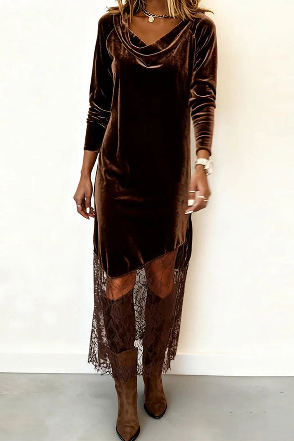 Stylish Velvet and Lace Patchwork Long-sleeved Elegant Maxi Dress