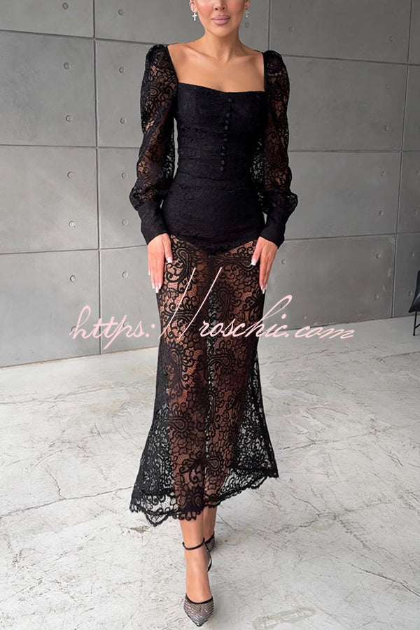 Timeless Moment Floral Lace Square Neck Button Up Balloon Sleeve Top