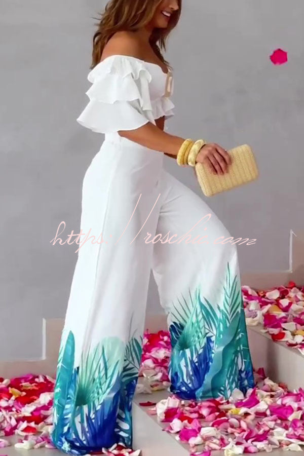 Sexy Off Shoulder Top and High Waisted Wide Leg Printed Pants Suit