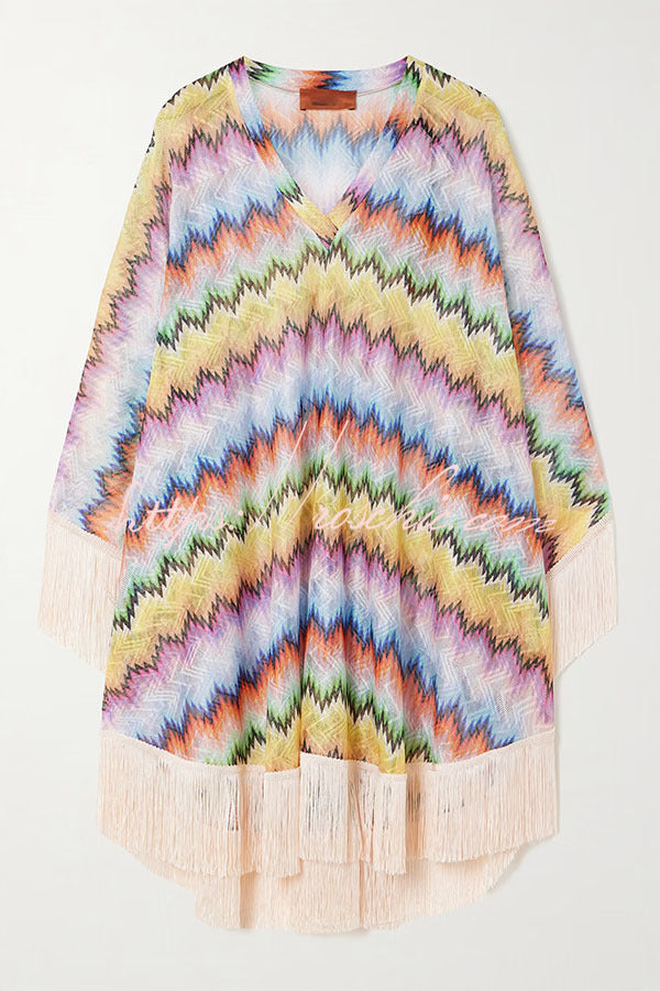 Jiya Knit Colorful Zigzag Pattern Tassle Trim Loose Kaftan Mini Dress roschic Jiya Knit Colorful Zigzag Pattern Tassle Trim Loose Kaftan Mini Dress roschic