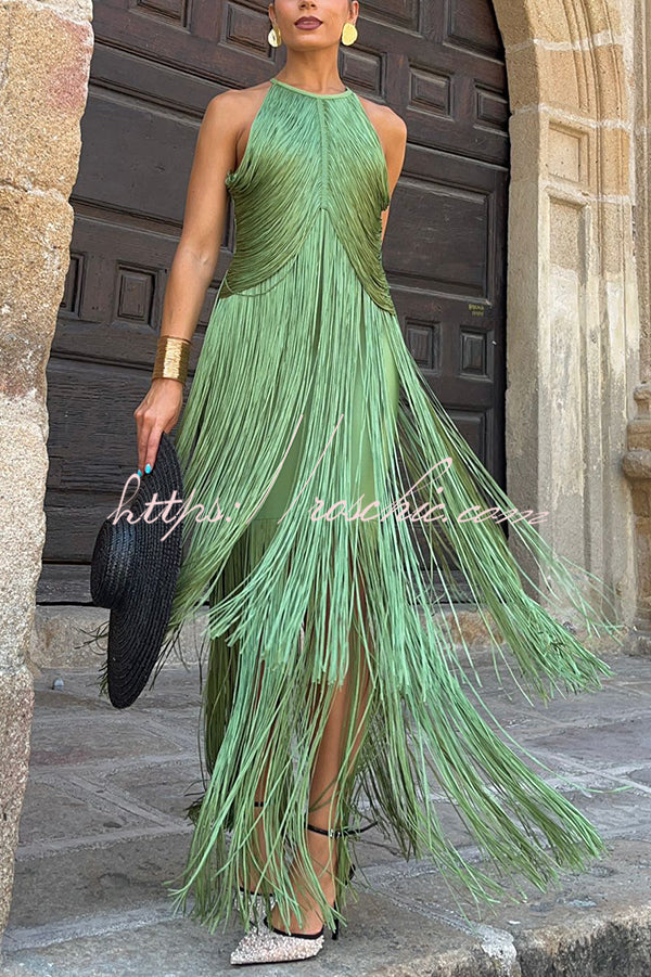 Fashion Sleeveless Halter Neck Elegant Tassel Slim Maxi Dress