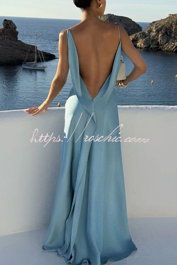 Flowing Elegance Satin Draped Neck Backless Ruffle Slit Maxi Dress