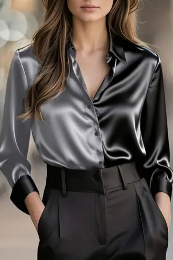 Fashionable Colorblock Lapel Long-sleeved Button-down Shirt